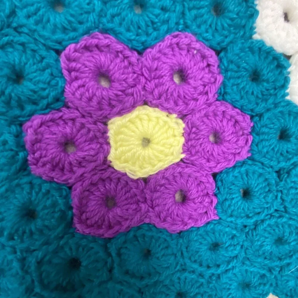 Handmade Crochet Knit Area Rug Teal Purple Yellow White Flowers 48” X 33”